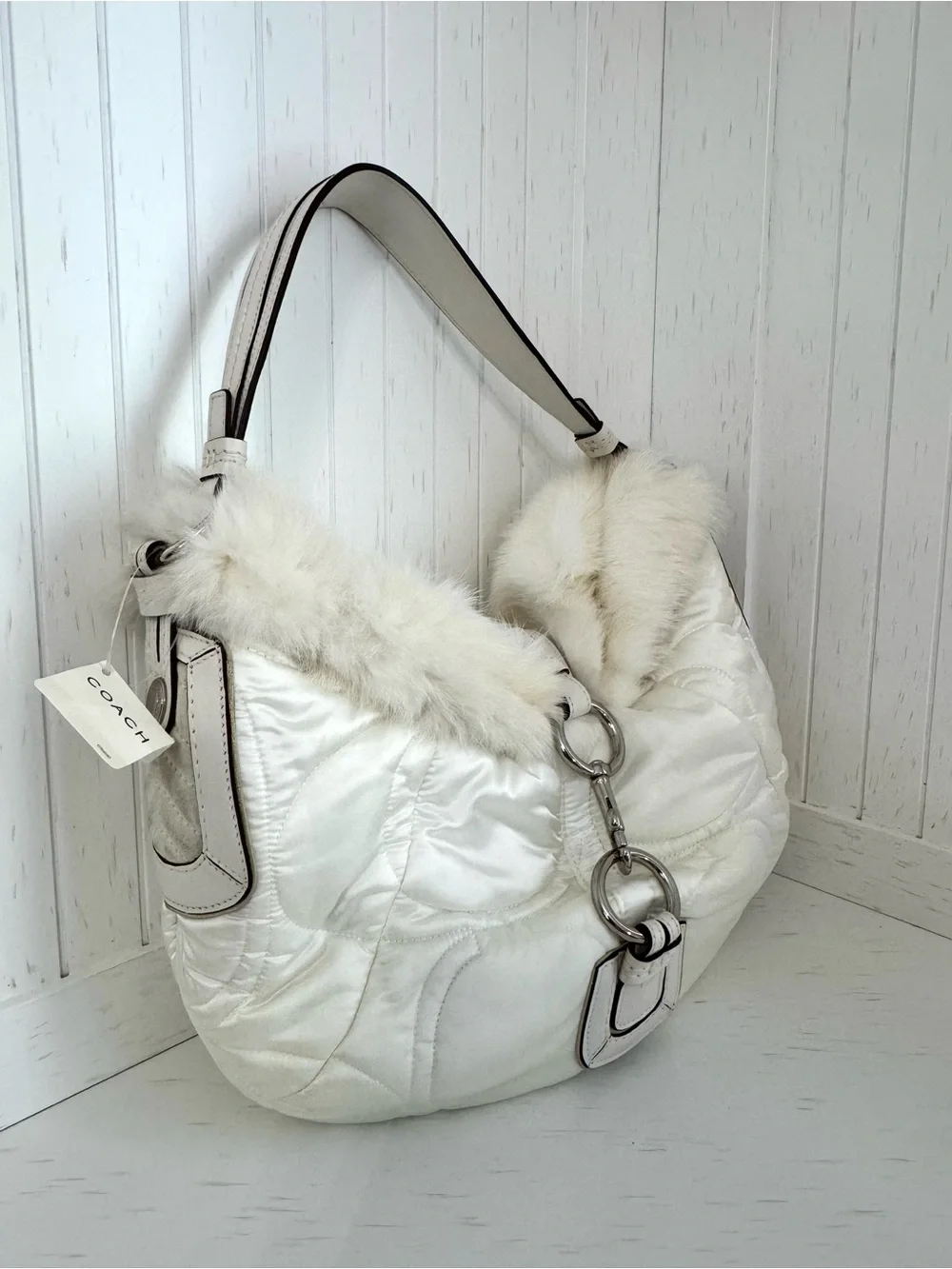 NWT, Y2K, Coach, Vintage, SoHo Ski, Cream Satin, Fur-Trim, Shoulder Bag